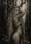 Long-haired woman with branching antlers and geometric body markings stands in profile in a dark forest.
