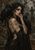 Dark-haired woman with a twig crown and tattoos beside two black ravens in a graveyard setting.