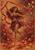 Woman in a purple leaf-accented costume dances among red ribbons, autumn leaves, and small golden birds.