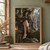 Woman in a pointed hat seated in a forest with an open book, green glow, owl, distant stag, and waterfall.; frame shown for styling only