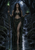 Dark-haired woman holds a green-flamed staff and glowing bowl in a moonlit woodland stream.