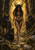 Antlered woman with leafy body markings walking on a forest path, flanked by wolves beneath golden backlit trees.