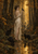 Woman in a cream garment and twig crown holding a black bird, with three black cats beside a reflective woodland stream.