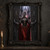 White-haired gray-skinned elf in black-and-gold regalia and a red skirt stands between two spider-carved doors, palms against their panels.; frame shown for styling only