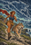 Curly-haired woman with a red scarf running beside a wolf on a rocky coastal trail beneath lightning and a wolf-shaped storm cloud.
