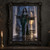 Gray-skinned dark-haired elf in an emerald gown holds a horizontal spider-decorated standard between two curtains of falling water.; frame shown for styling only