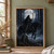 Dark-haired woman on a black horse holding a branch staff in a misty evergreen forest beneath a full moon.; frame shown for styling only