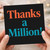 Thanks a Million Thank You Card, Bold Typographic Design, Blank Inside, Appreciation Card for Friend, Colleague or Teacher