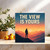 The View Is Yours Congratulations Card 145mm x 145mm - Sunset Mountain Landscape, Hiker Silhouette, Inspirational Greeting Card, Includes Kraft Envelope