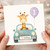 1st Birthday Card, Giraffe Driving Car with 1 Today Balloon