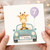 7th Birthday Card, Cute Giraffe Driving Car Card