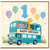 1st Birthday Card, Cute Bus with Elephant and Giraffe Happy Birthday Card