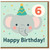 6th Birthday Card for Kids - Cute Elephant with Party Hat - Age 6 Child Birthday Card for Boys or Girls - Happy