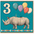 3rd Birthday Card, Cute Rhino and Balloons Birthday Card