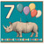7th Birthday Card, Rhino with Balloons and Candle