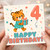 4th Birthday Card, Cute Tiger Holding Gift Happy Birthday Card
