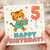 5th Birthday Card, Cute Tiger Holding Gift with Number 5 Balloon