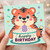 8th Birthday Card, Cute Tiger Holding Birthday Cake