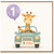 1st Birthday Card, Cute Giraffe Driving Car Card