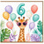 6th Birthday Card, Giraffe with Balloons and Tropical Leaves