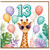 13th Birthday Card, Cute Giraffe with Balloons and Tropical Leaves