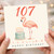 107th Birthday Card, Flamingo and Cake Happy Birthday Card