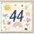 44th Birthday Card, Cute Watercolour Number 44 Card with Sun, Rainbow and Hearts
