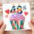 48th Birthday Card, Colourful Cupcake and Hearts Design