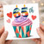 65th Birthday Card, Colourful Cupcake and Hearts Design