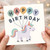 Cute Unicorn Birthday Card - Pastel Rainbow Mane with Balloon Letters 'HAPPY BIRTHDAY' Illustration