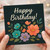 Happy Birthday Floral Card - Elegant Botanical Design with Colourful Flowers on Dark Background, Script Typography for Her, Him, Friends or Family
