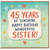 45th Birthday Sister Card, Wonderful Sister Birthday Card, 45 Years of Sunshine