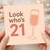 Look Who's 21-21st Birthday Card with Champagne Glass and Confetti Dots, Blush Pink Milestone Celebration for Her or Him