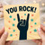 You Rock! Thank You Card - Rock Hand Sign with Colourful Stars and Sunburst, Fun Appreciation Card for Friend, Teacher or Colleague