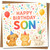 Happy Birthday Son Card - Cute Puppy, Kitten & Bunny, Rainbow Confetti & Balloons - Fun Kids Boy Birthday Card, Square 145mm x 145mm, Includes Kraft Envelope