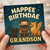 Grandson Birthday Card - HAPPEE BIRTHDAE - Cute Funny Magical Design with Bearded Giant, Dog and Griffin, Night Sky and Castle