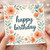 Happy Birthday Card - Elegant Watercolour Floral Border with Hand-Lettered Script in Coral and Sage, Flowers and Greenery - For Mum, Dad, Friends or Colleagues