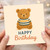 Happy Birthday Card with Cute Teddy Bear - Striped Top Bear Illustration, Sweet Kids Birthday Greeting