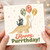 Birthday Card, Happy Purrthday Cute Dinosaur and Cat Card