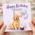 Birthday Card, Happy Birthday Card with Golden Retriever and Balloons