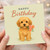Happy Birthday Card - Cute Puppy with Flowers Illustration, Dog Lovers Birthday Card for Her or Him, Adorable Dog Holding Bouquet on Pastel Background