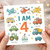 4th Birthday Card for Kids - I Am 4 - Cute Transport Theme with Aeroplane, Helicopter, Fire Engine, Tractor, Cars, Lorry and Boat, Star Pattern
