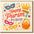 Happy Purim Greeting Card - Colourful Festive Design with Masks, Crown, Grogger and Hamantaschen Basket - Jewish Holiday Celebration Card