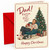 Dad Christmas Card, festive dad in armchair by tree and dog