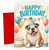 Happy Birthday Card Bulldog in Party Hat Balloons and Cake