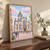 Edinburgh, Scotland travel poster full-bleed print styled in Original angled oak-console; frame and props not included