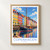 Copenhagen, Denmark travel poster bordered print styled in Front oak frame - corrected opening; frame and props not included