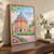 Oxford, England travel poster full-bleed print styled in Original angled oak-console; frame and props not included