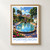 Portmeirion, Wales travel poster bordered print styled in Front oak frame - corrected opening; frame and props not included