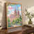 Barcelona, Spain travel poster full-bleed print styled in Original angled oak-console; frame and props not included